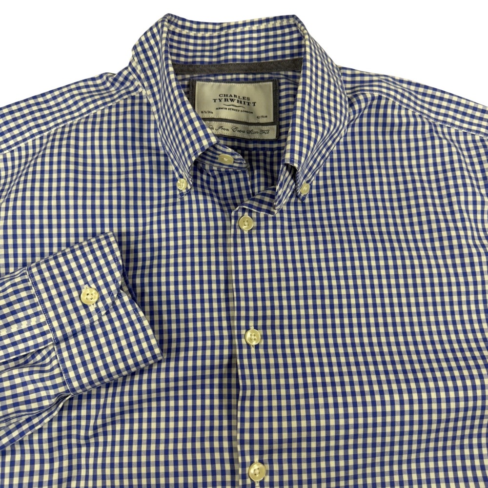 Charles Tyrwhitt Extra Slim Fit Non Iron Gingham Shirt Blue White 16.5 36 Mens